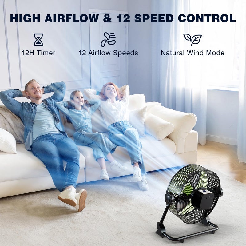 TLOG 12 Inch Portable Cordless Rechargeable Floor Fan, Whisper Quiet Battery Operated Full Metal Fan, 24H Runtime, 12 Speeds, 12H Timer, USB Charging, for Camping, Outdoor Patio, Home, Garage, Bedroom - Image 4